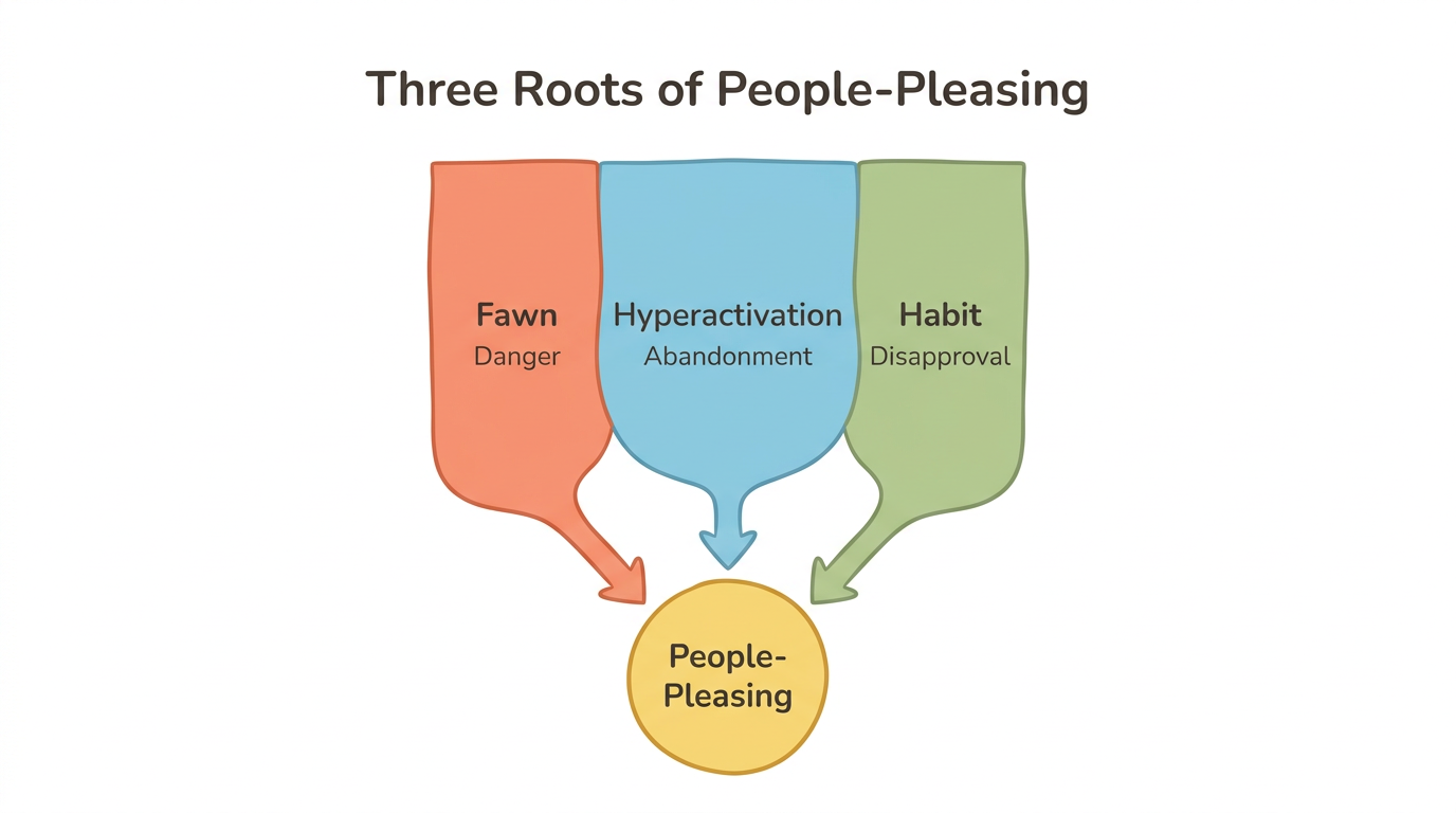Diagram: Trauma vs. Attachment vs. Socialized People-Pleasing Roots